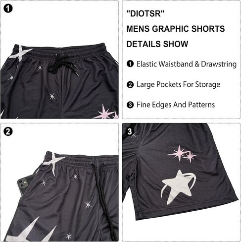 DIOTSR Mens Retro Casual Graphic Shorts Elastic Waistband Streetwear Athletic Basketball Running Active Shorts in Saudi Arabia