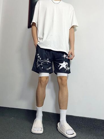 DIOTSR Mens Retro Casual Graphic Shorts Elastic Waistband Streetwear Athletic Basketball Running Active Shorts in Saudi Arabia
