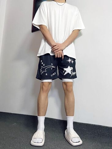 DIOTSR Mens Retro Casual Graphic Shorts Elastic Waistband Streetwear Athletic Basketball Running Active Shorts in Saudi Arabia