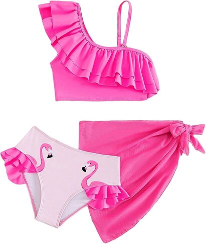SOLY HUX Girl's 3 Piece Swimsuit Flamingo Print Ruffle Trim Bikini Sets Bathing Suit with Cover Up in Saudi Arabia