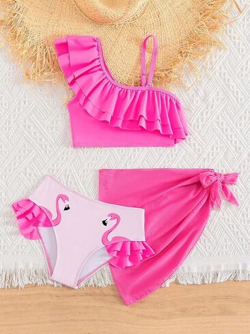 SOLY HUX Girl's 3 Piece Swimsuit Flamingo Print Ruffle Trim Bikini Sets Bathing Suit with Cover Up in Saudi Arabia