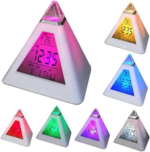 Digital LED Alarm Clock, Pyramid Shape Digital Led Alarm Clock Time Date Temperature Display 7 Colors Changing Night Light Desk Clock with Temperature Time Date for Bedroom Living Room (White) in Saudi Arabia