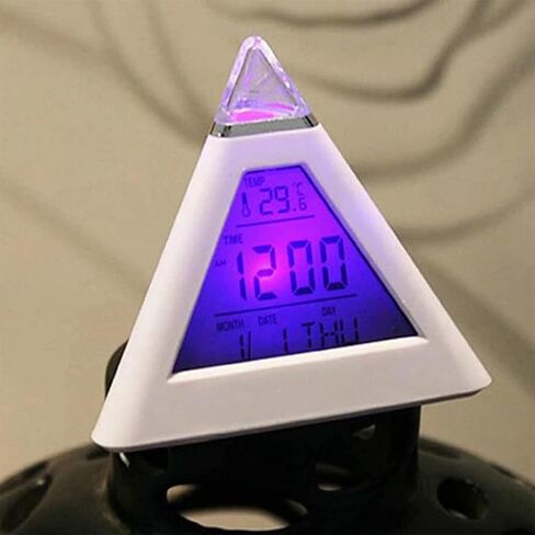Digital LED Alarm Clock, Pyramid Shape Digital Led Alarm Clock Time Date Temperature Display 7 Colors Changing Night Light Desk Clock with Temperature Time Date for Bedroom Living Room (White) in Saudi Arabia