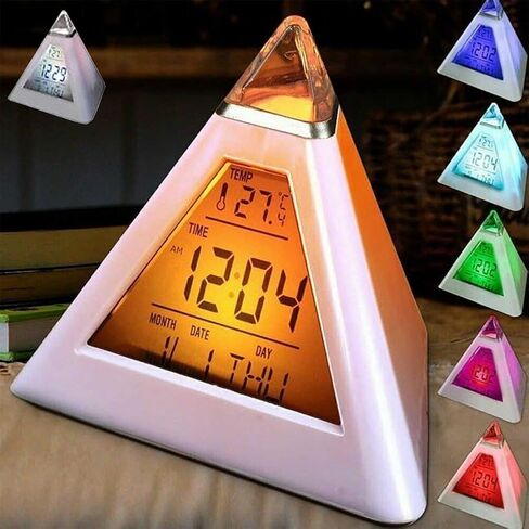 Digital LED Alarm Clock, Pyramid Shape Digital Led Alarm Clock Time Date Temperature Display 7 Colors Changing Night Light Desk Clock with Temperature Time Date for Bedroom Living Room (White) in Saudi Arabia