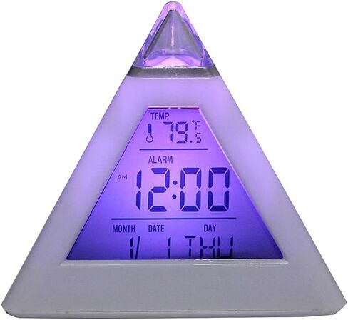 Digital LED Alarm Clock, Pyramid Shape Digital Led Alarm Clock Time Date Temperature Display 7 Colors Changing Night Light Desk Clock with Temperature Time Date for Bedroom Living Room (White) in Saudi Arabia