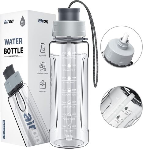 AIRON 34oz Sports Water Bottle - Leakproof & BPA Free Tritan with Time Marker & Removable Straw to Ensure You Drink Enough Water Throughout The Day for Fitness and Outdoor Sports in Kuwait
