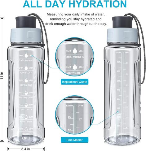 AIRON 34oz Sports Water Bottle - Leakproof & BPA Free Tritan with Time Marker & Removable Straw to Ensure You Drink Enough Water Throughout The Day for Fitness and Outdoor Sports in Kuwait
