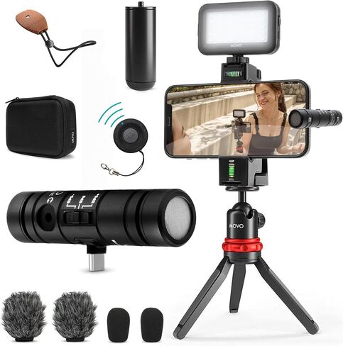 Movo All-In-One Vlogging Solution, Includes DoubleMic-UC Microphone, LED Light, Tabletop Tripod, and 1-Year Warranty in Saudi Arabia