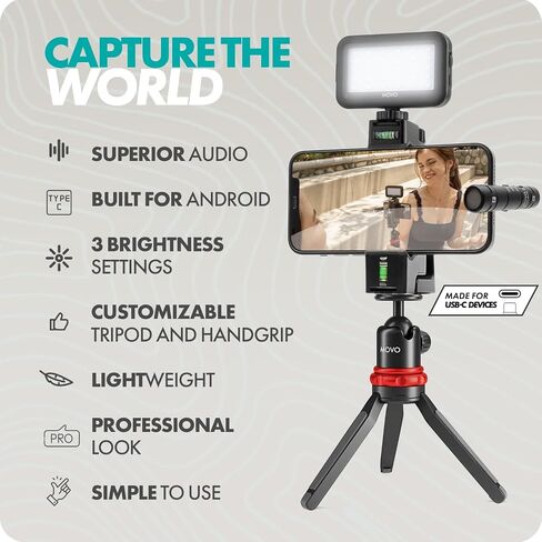 Movo All-In-One Vlogging Solution, Includes DoubleMic-UC Microphone, LED Light, Tabletop Tripod, and 1-Year Warranty in Saudi Arabia