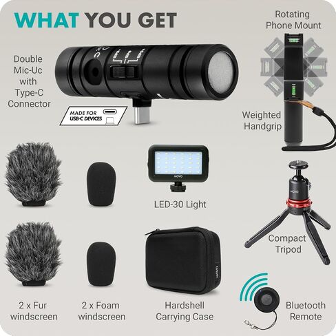 Movo All-In-One Vlogging Solution, Includes DoubleMic-UC Microphone, LED Light, Tabletop Tripod, and 1-Year Warranty in Saudi Arabia