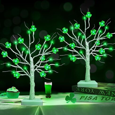 TURNMEON [ 2 Pack & Timer ] St. Patrick's Day Tree Decorations 18 Inch Tabletop Lighted Birch Tree with Lucky Shamrocks Lights 24 Green Lights Battery Operated St. Patrick's Day Decoration Indoor Home in Saudi Arabia