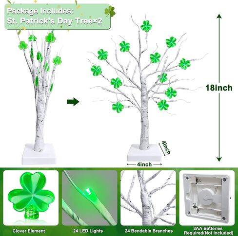 TURNMEON [ 2 Pack & Timer ] St. Patrick's Day Tree Decorations 18 Inch Tabletop Lighted Birch Tree with Lucky Shamrocks Lights 24 Green Lights Battery Operated St. Patrick's Day Decoration Indoor Home in Saudi Arabia