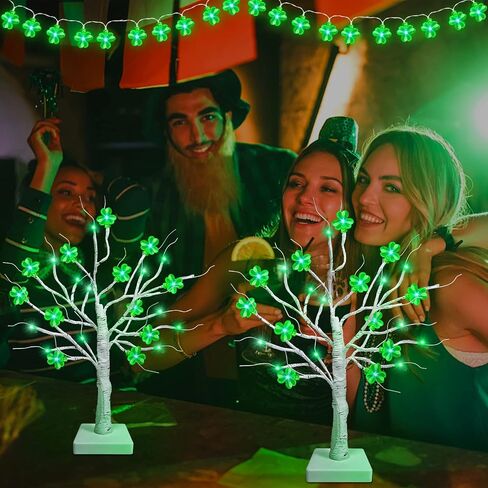TURNMEON [ 2 Pack & Timer ] St. Patrick's Day Tree Decorations 18 Inch Tabletop Lighted Birch Tree with Lucky Shamrocks Lights 24 Green Lights Battery Operated St. Patrick's Day Decoration Indoor Home in Saudi Arabia