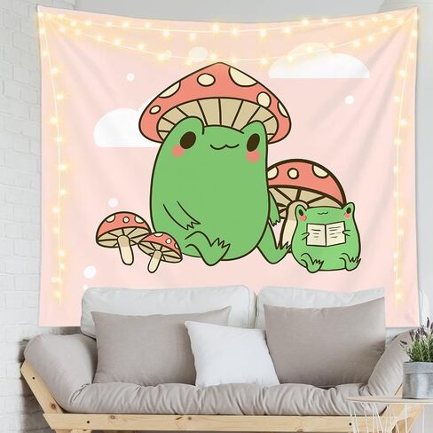 YahonLee Cute Frog Mushroom Hat Kawaii Pink Tapestry,Art Aesthetic Wall Hanging Bedding Tapestry for Teen Boy's Girl's Bedroom Funny Living Room Dorm Home Decor (59.1" x78.7) in Saudi Arabia