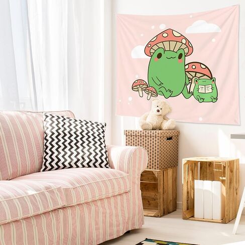 YahonLee Cute Frog Mushroom Hat Kawaii Pink Tapestry,Art Aesthetic Wall Hanging Bedding Tapestry for Teen Boy's Girl's Bedroom Funny Living Room Dorm Home Decor (59.1" x78.7) in Saudi Arabia