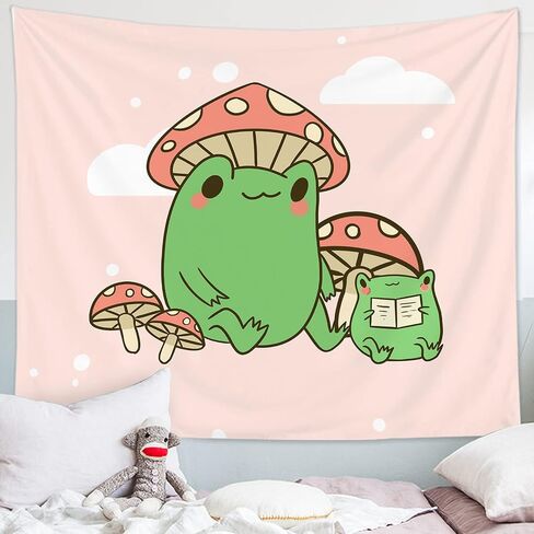 YahonLee Cute Frog Mushroom Hat Kawaii Pink Tapestry,Art Aesthetic Wall Hanging Bedding Tapestry for Teen Boy's Girl's Bedroom Funny Living Room Dorm Home Decor (59.1" x78.7) in Saudi Arabia