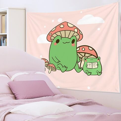 YahonLee Cute Frog Mushroom Hat Kawaii Pink Tapestry,Art Aesthetic Wall Hanging Bedding Tapestry for Teen Boy's Girl's Bedroom Funny Living Room Dorm Home Decor (59.1" x78.7) in Saudi Arabia