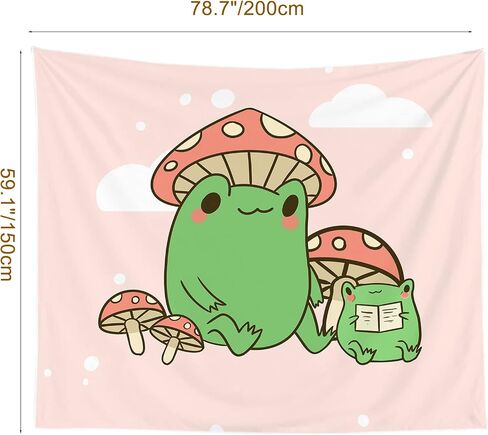 YahonLee Cute Frog Mushroom Hat Kawaii Pink Tapestry,Art Aesthetic Wall Hanging Bedding Tapestry for Teen Boy's Girl's Bedroom Funny Living Room Dorm Home Decor (59.1" x78.7) in Saudi Arabia