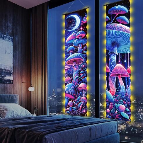 2 قطعة من نسيج الفطر لافتة معلقة على الحائط مع ضوء LED فطر هيبي ديكور للتعليق على الحائط ديكور على شكل فطر بوهيمي وقمر نسيج تجريدي عمودي على الحائط لافتة معلقة لديكور غرفة المعيشة وغرفة النوم in Kuwait