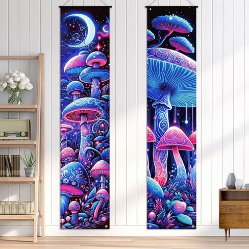 2 قطعة من نسيج الفطر لافتة معلقة على الحائط مع ضوء LED فطر هيبي ديكور للتعليق على الحائط ديكور على شكل فطر بوهيمي وقمر نسيج تجريدي عمودي على الحائط لافتة معلقة لديكور غرفة المعيشة وغرفة النوم in Kuwait