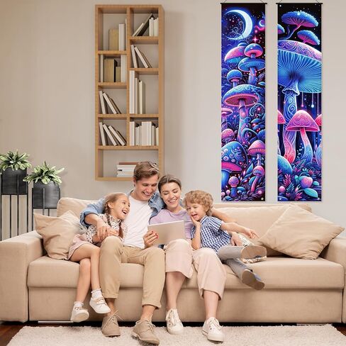 2 قطعة من نسيج الفطر لافتة معلقة على الحائط مع ضوء LED فطر هيبي ديكور للتعليق على الحائط ديكور على شكل فطر بوهيمي وقمر نسيج تجريدي عمودي على الحائط لافتة معلقة لديكور غرفة المعيشة وغرفة النوم in Kuwait