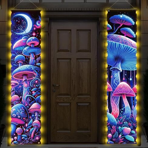 2 قطعة من نسيج الفطر لافتة معلقة على الحائط مع ضوء LED فطر هيبي ديكور للتعليق على الحائط ديكور على شكل فطر بوهيمي وقمر نسيج تجريدي عمودي على الحائط لافتة معلقة لديكور غرفة المعيشة وغرفة النوم in Kuwait