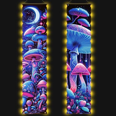 2 قطعة من نسيج الفطر لافتة معلقة على الحائط مع ضوء LED فطر هيبي ديكور للتعليق على الحائط ديكور على شكل فطر بوهيمي وقمر نسيج تجريدي عمودي على الحائط لافتة معلقة لديكور غرفة المعيشة وغرفة النوم in Kuwait