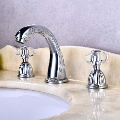 Bathroom Sink Faucet 3 Hole Deck Mounted Widespread Brass Bathroom Faucet Crystal Handle Mixer Tap,Chrome in Saudi Arabia
