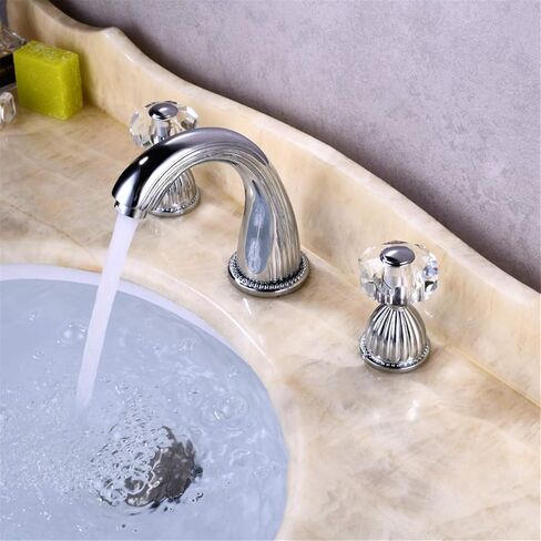 Bathroom Sink Faucet 3 Hole Deck Mounted Widespread Brass Bathroom Faucet Crystal Handle Mixer Tap,Chrome in Saudi Arabia