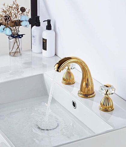 Bathroom Sink Faucet 3 Hole Deck Mounted Widespread Brass Bathroom Faucet Crystal Handle Mixer Tap,Chrome in Saudi Arabia