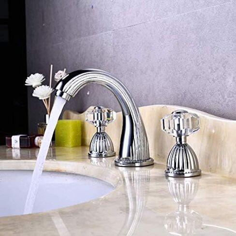 Bathroom Sink Faucet 3 Hole Deck Mounted Widespread Brass Bathroom Faucet Crystal Handle Mixer Tap,Chrome in Saudi Arabia