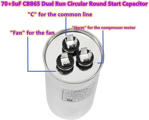70+5 MFD 70/5 فائق التوهج 370/440 VAC CBB65B مكثف محرك دائري مزدوج التشغيل لتشغيل محرك التيار المتردد، مكثف مستقيم بارد، مضخة حرارية، مكيف هواء، مكثف HVAC in Kuwait