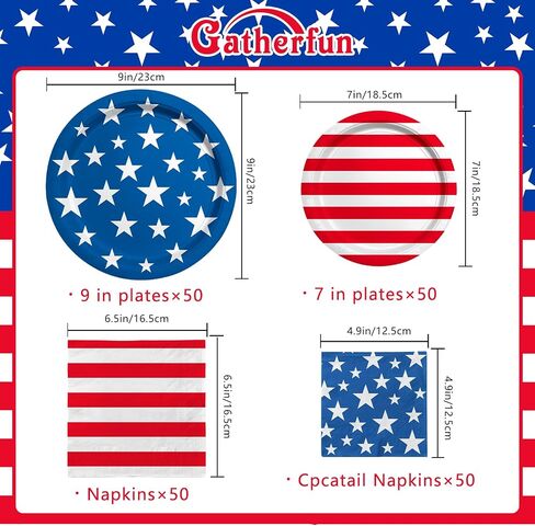 American Flag Patriotic Party Supplies Disposable dinner paper plates dessert paper plates Napkins and Cocktail napkins for Veterans Day Election Day 4th of July Independence Day Decorations, Serve 50 in Saudi Arabia