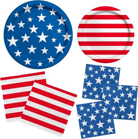 American Flag Patriotic Party Supplies Disposable dinner paper plates dessert paper plates Napkins and Cocktail napkins for Veterans Day Election Day 4th of July Independence Day Decorations, Serve 50 in Saudi Arabia