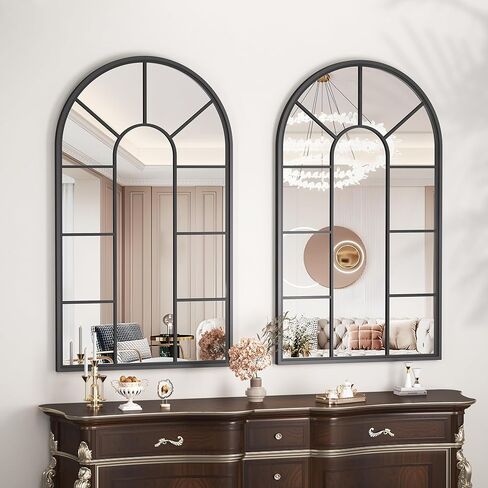 مرآة حائط مقوسة من Hasipu، مرآة زخرفية مقاس 24 بوصة × 42 بوصة، مرآة نافذة بإطار أسود كلاسيكي، مرآة نافذة مقوسة من الألومنيوم مثبتة على الحائط عالية الدقة in Kuwait