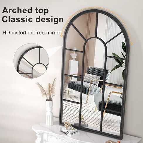 مرآة حائط مقوسة من Hasipu، مرآة زخرفية مقاس 24 بوصة × 42 بوصة، مرآة نافذة بإطار أسود كلاسيكي، مرآة نافذة مقوسة من الألومنيوم مثبتة على الحائط عالية الدقة in Kuwait