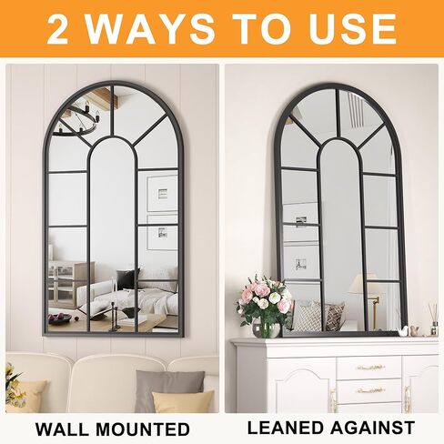 مرآة حائط مقوسة من Hasipu، مرآة زخرفية مقاس 24 بوصة × 42 بوصة، مرآة نافذة بإطار أسود كلاسيكي، مرآة نافذة مقوسة من الألومنيوم مثبتة على الحائط عالية الدقة in Kuwait