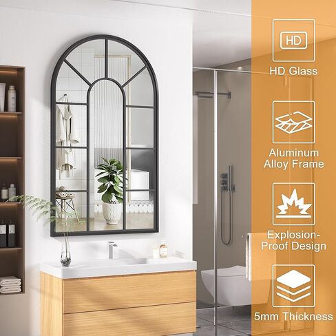 مرآة حائط مقوسة من Hasipu، مرآة زخرفية مقاس 24 بوصة × 42 بوصة، مرآة نافذة بإطار أسود كلاسيكي، مرآة نافذة مقوسة من الألومنيوم مثبتة على الحائط عالية الدقة in Kuwait