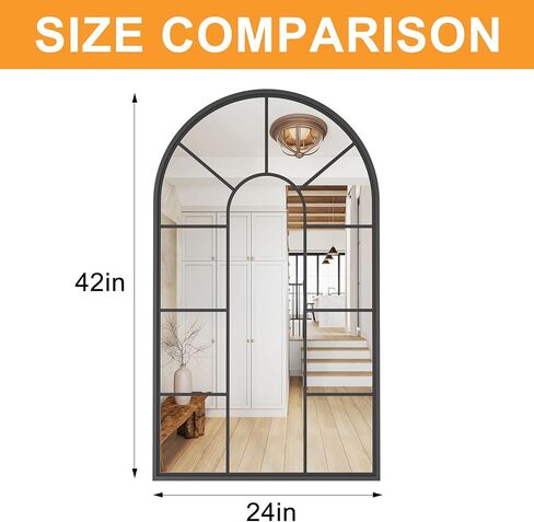 مرآة حائط مقوسة من Hasipu، مرآة زخرفية مقاس 24 بوصة × 42 بوصة، مرآة نافذة بإطار أسود كلاسيكي، مرآة نافذة مقوسة من الألومنيوم مثبتة على الحائط عالية الدقة in Kuwait