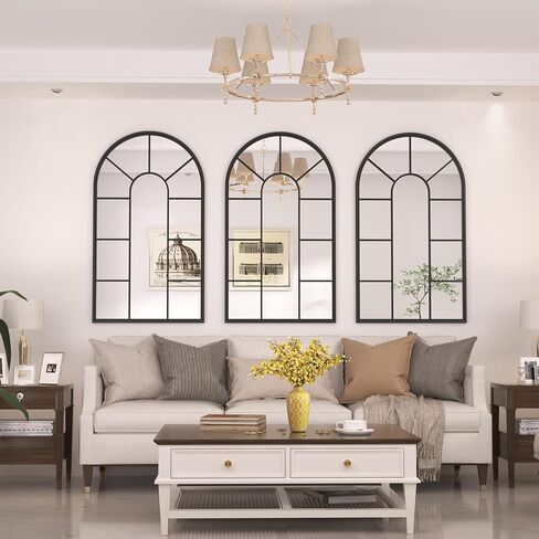 مرآة حائط مقوسة من Hasipu، مرآة زخرفية مقاس 24 بوصة × 42 بوصة، مرآة نافذة بإطار أسود كلاسيكي، مرآة نافذة مقوسة من الألومنيوم مثبتة على الحائط عالية الدقة in Kuwait