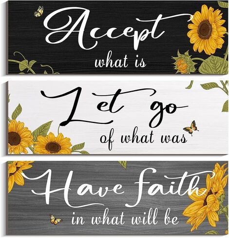 Sunflower Wall Decor Accept What Is Let Go Have Faith Wall Art Hanging Wall Signs Rustic Sunflower Kitchen Decor for Farmhouse Outdoor Summer (Gray, White, 4 x 11.8 inch) in Saudi Arabia