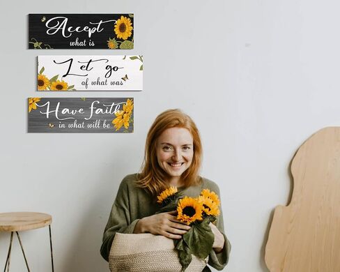 Sunflower Wall Decor Accept What Is Let Go Have Faith Wall Art Hanging Wall Signs Rustic Sunflower Kitchen Decor for Farmhouse Outdoor Summer (Gray, White, 4 x 11.8 inch) in Saudi Arabia