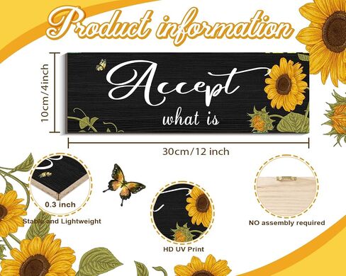 Sunflower Wall Decor Accept What Is Let Go Have Faith Wall Art Hanging Wall Signs Rustic Sunflower Kitchen Decor for Farmhouse Outdoor Summer (Gray, White, 4 x 11.8 inch) in Saudi Arabia