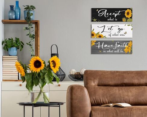 Sunflower Wall Decor Accept What Is Let Go Have Faith Wall Art Hanging Wall Signs Rustic Sunflower Kitchen Decor for Farmhouse Outdoor Summer (Gray, White, 4 x 11.8 inch) in Saudi Arabia