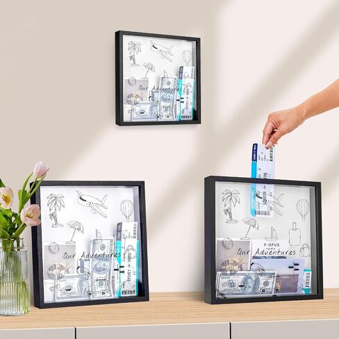 SPACEKEEPER Adventure Travel Shadow Box, Adventure Archive Box with Slot, Travel Box for Memories Loading Shadow Box Frame for Wedding, Tickets, and Photos (Black, 12*12 ) in Saudi Arabia