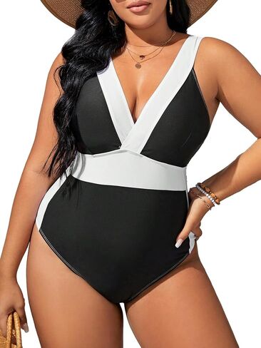 OYOANGLE Women's Plus Size Color Block One Piece Swimsuit Deep V Neck Sleeveless Strap Bathing Suits in Saudi Arabia