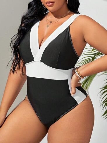 OYOANGLE Women's Plus Size Color Block One Piece Swimsuit Deep V Neck Sleeveless Strap Bathing Suits in Saudi Arabia