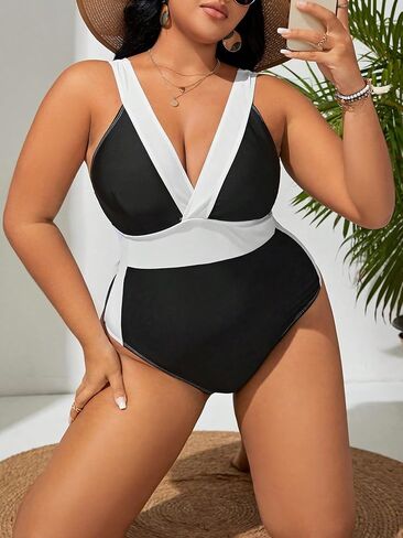 OYOANGLE Women's Plus Size Color Block One Piece Swimsuit Deep V Neck Sleeveless Strap Bathing Suits in Saudi Arabia