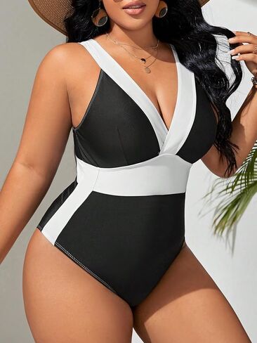 OYOANGLE Women's Plus Size Color Block One Piece Swimsuit Deep V Neck Sleeveless Strap Bathing Suits in Saudi Arabia