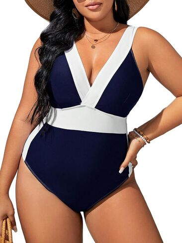 OYOANGLE Women's Plus Size Color Block One Piece Swimsuit Deep V Neck Sleeveless Strap Bathing Suits in Saudi Arabia